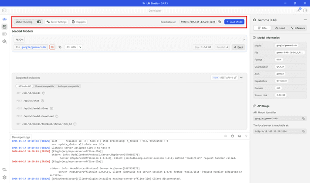 Developer tab — server settings and MCP configuration