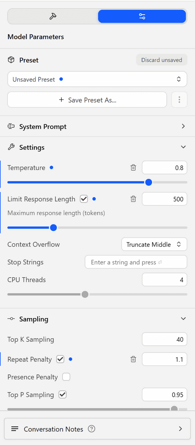Model parameters — presets, sampling, and system prompt